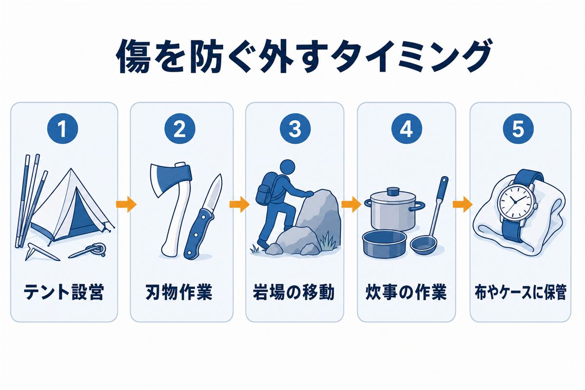 設営や薪割りなど接触の多い作業では外す