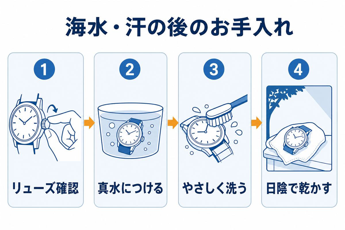 海水や汗がついたあとのお手入れの手順