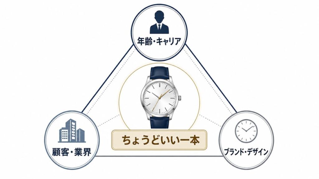 営業職が高級時計を選ぶ際の3つの判断軸を示した図解