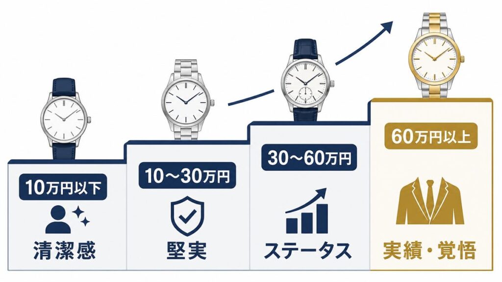 営業職向け高級時計の価格帯ごとの印象を示したステップ図